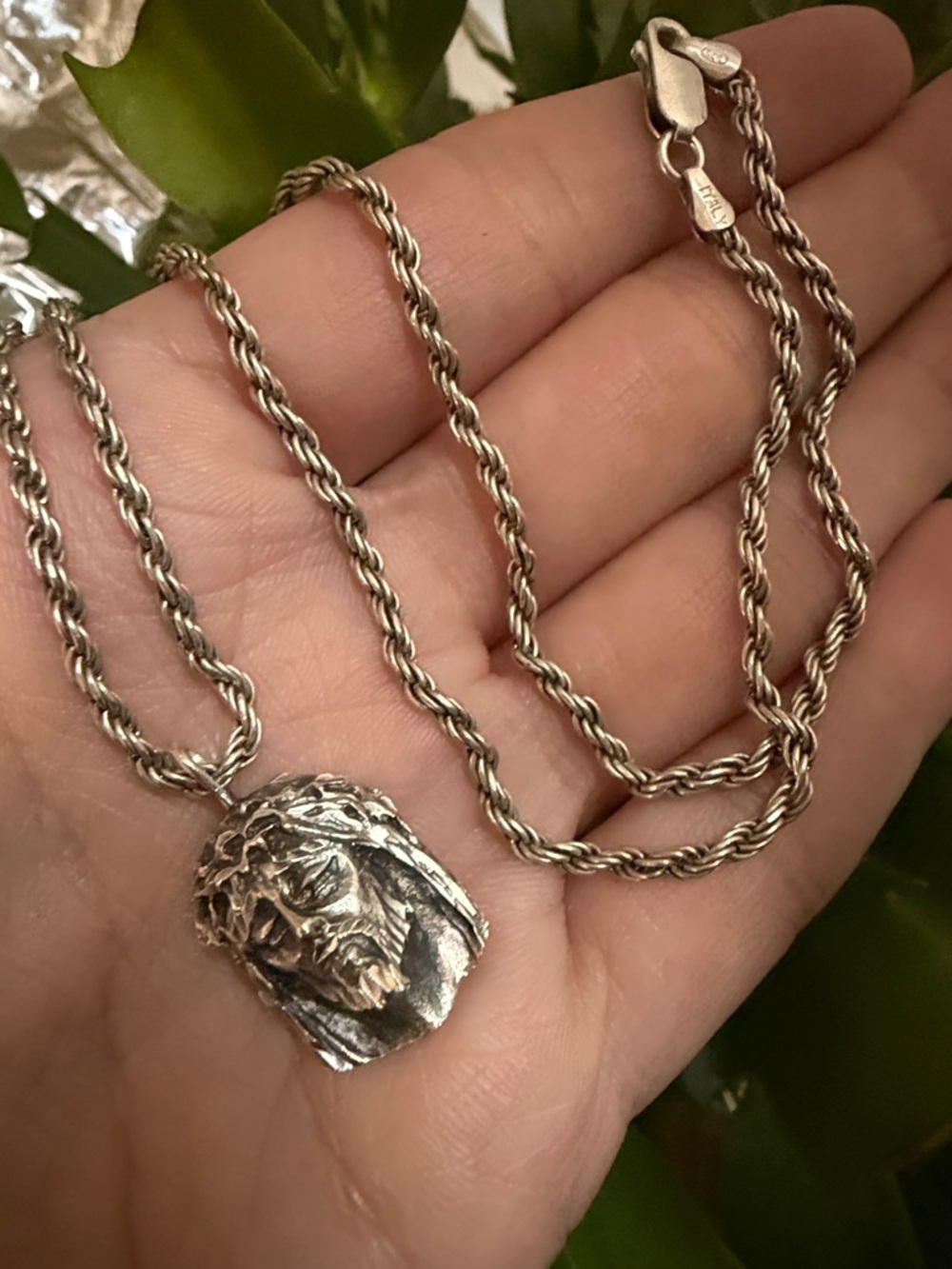 Sterling Silver 925 Italy Jesus Head Pendant Rope Chain Necklace 18’